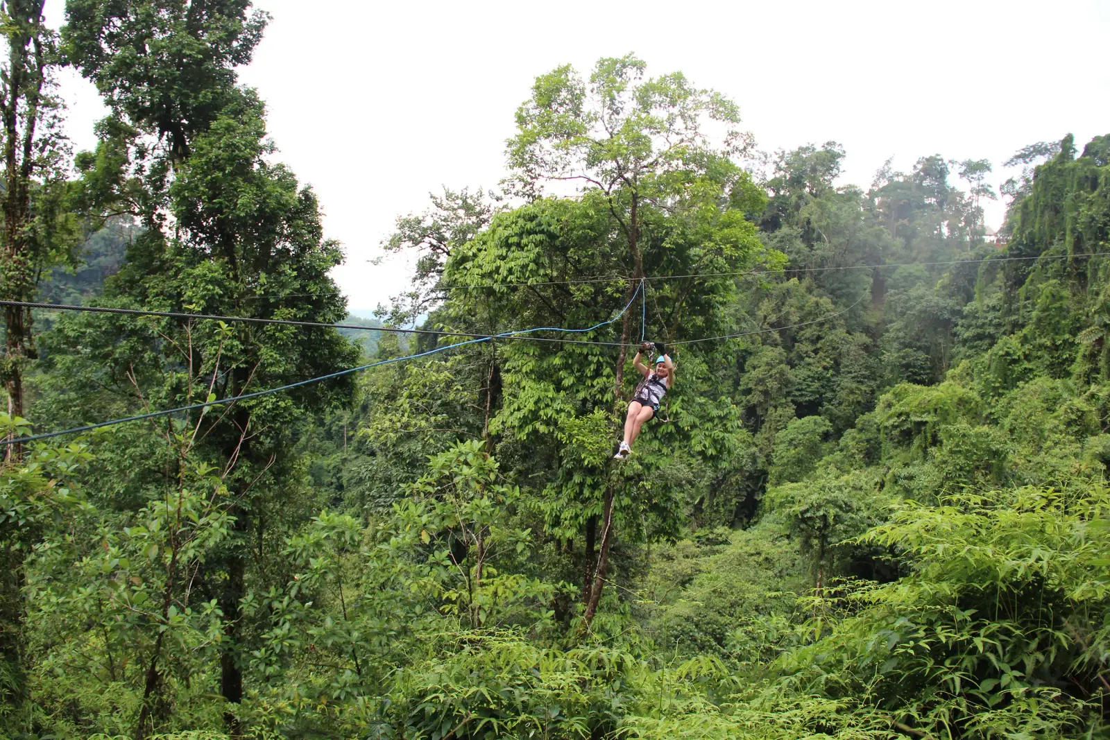 Zipline rider crossing a cable high above dense rainforest