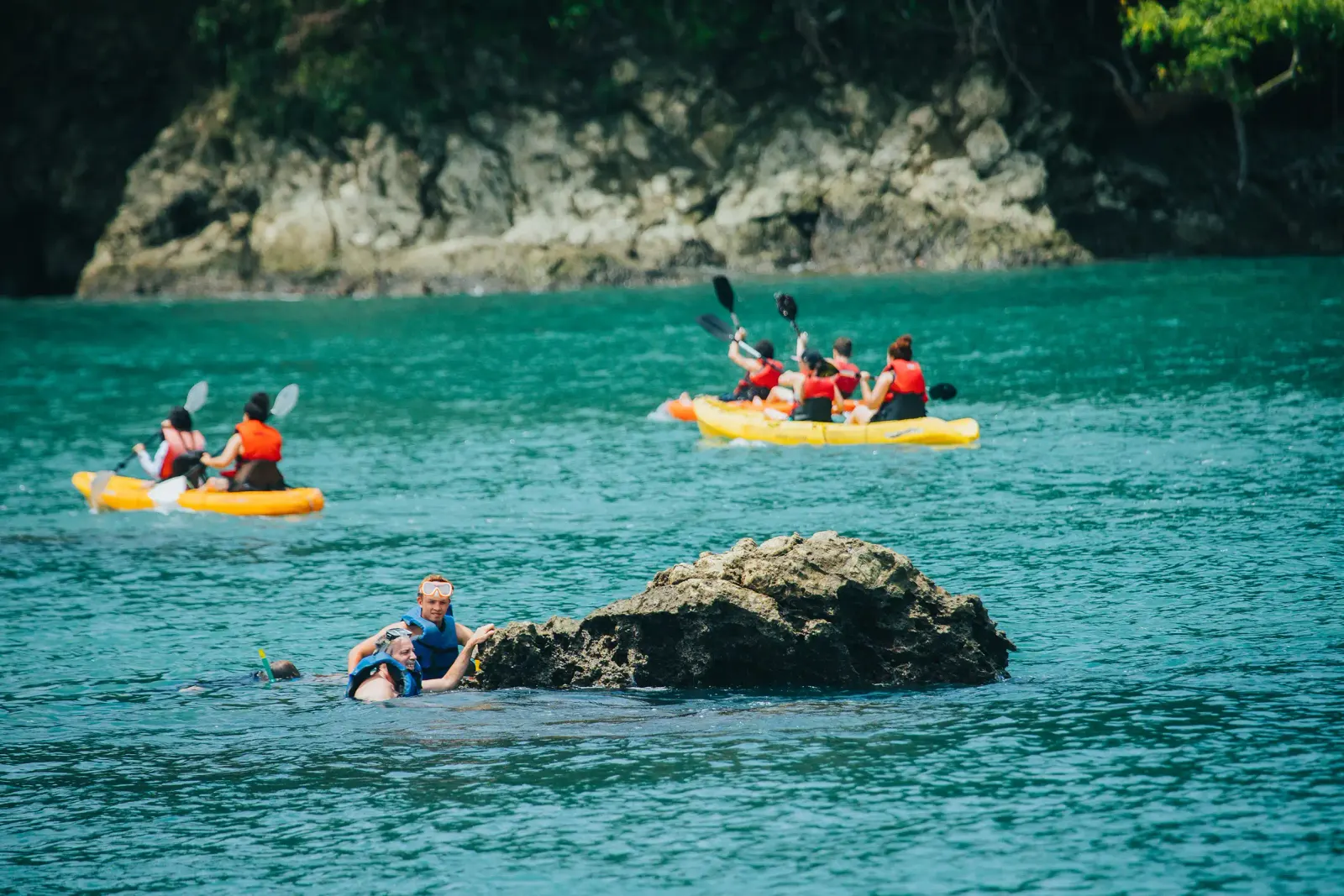 Kayakers in yellow sea kayaks paddling near rocks below a forested cliff